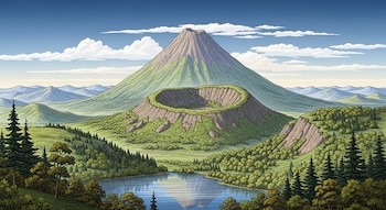 Ilustración de un volcán cono prominente, un cráter grande y un lago a sus pies. El paisaje incluye colinas verdes, árboles y un cielo azul con nubes.