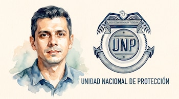 Ilustración en acuarela del rostro de un hombre junto al logotipo y texto de la Unidad Nacional de Protección sobre fondo claro.