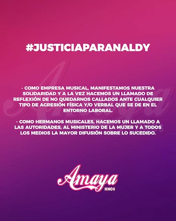 Fondo degradado rosa y morado, texto blanco "#JUSTICIAPARANALDY", comunicado de solidaridad y llamado a autoridades, logo blanco y rosa "Amaya HNOS"
