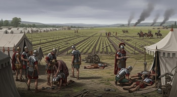 Campamento militar con tiendas, legionarios, algunos caídos o debilitados, campos de cultivo, jinetes a caballo y columnas de humo en el horizonte.