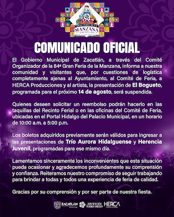 Comunicación oficial del Gobierno Municipal de Zacatlán sobre la 84 Gran Feria de la Manzana. Anuncia suspensión de presentación de El Bogueto