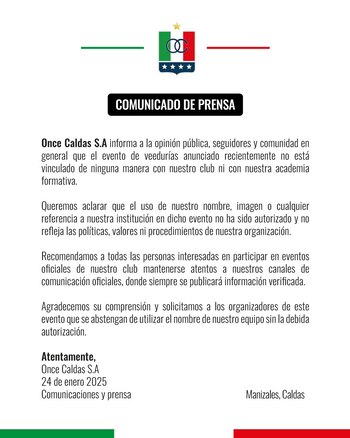 El Blanco Blanco aclara que no tiene que ver con el evento de veedurías-crédito @oncecaldas/X