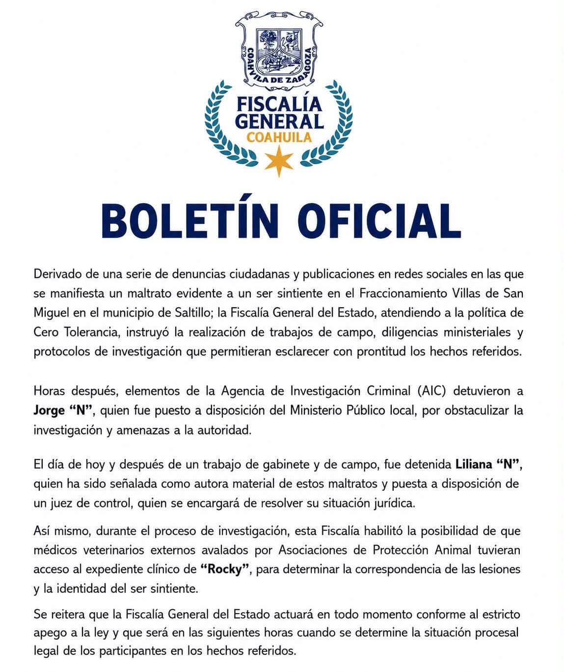 La Fiscalía General del Estado de Coahuila obtuvo una orden de aprehensión, detuvo a Liliana