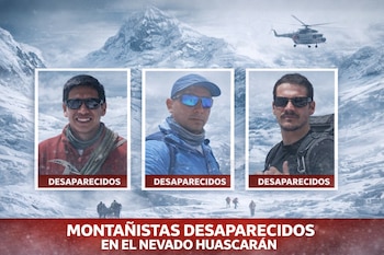 Tres hombres con gafas de sol en retratos, montañas nevadas con nubes, un helicóptero en el aire y la leyenda 'Montañistas desaparecidos en el Nevado Huascarán'.