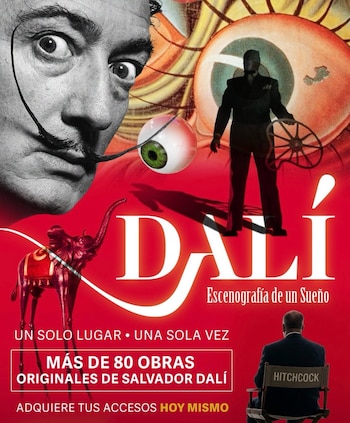 Primer plano de Salvador Dalí, ojo con pestañas largas, hombre con rueda, elefante de patas largas, hombre de espaldas en silla con "Hitchcock", texto promocional