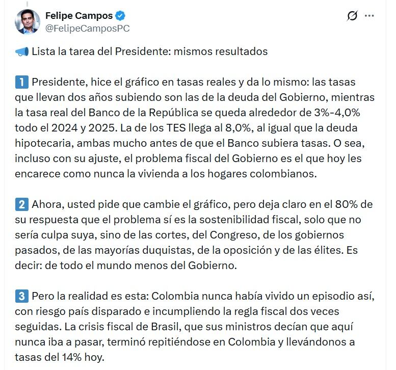 Felipe Campos, economista, lamentó que Gustavo Petro culpe de la crisis económica a todo el mundo menos al Gobierno - crédito @FelipeCamposPC/X
