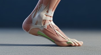 Una representación 3D de un pie humano, que muestra los músculos, tendones y ligamentos con detalles. El fondo es azul oscuro y el suelo es gris.