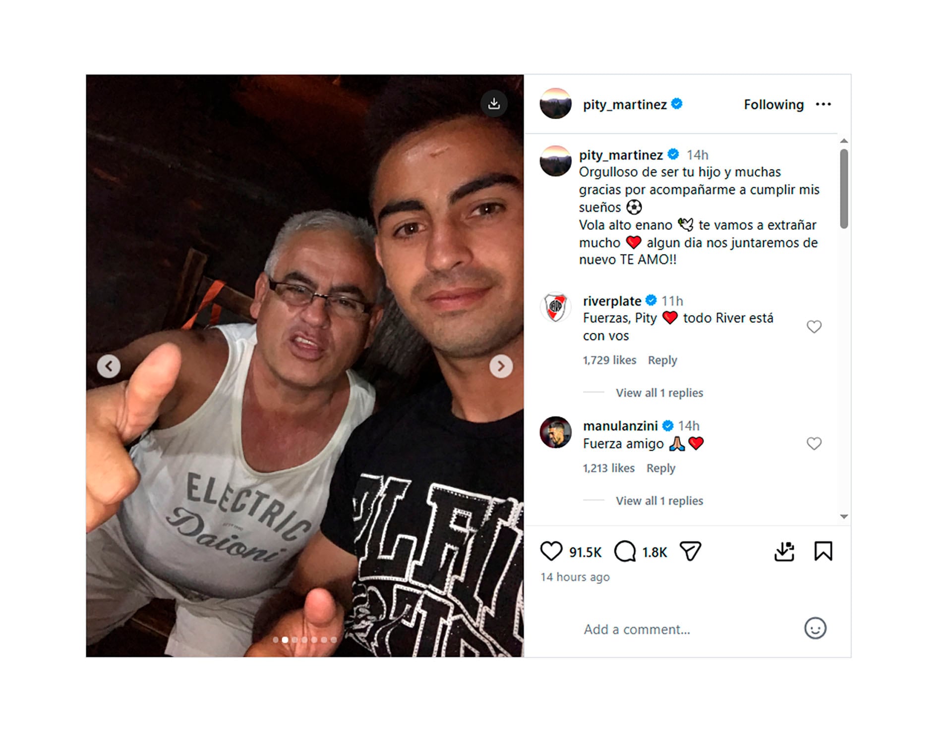 El posteo de Pity Martínez con su padre, quien falleció en los últimos días (Instagram)