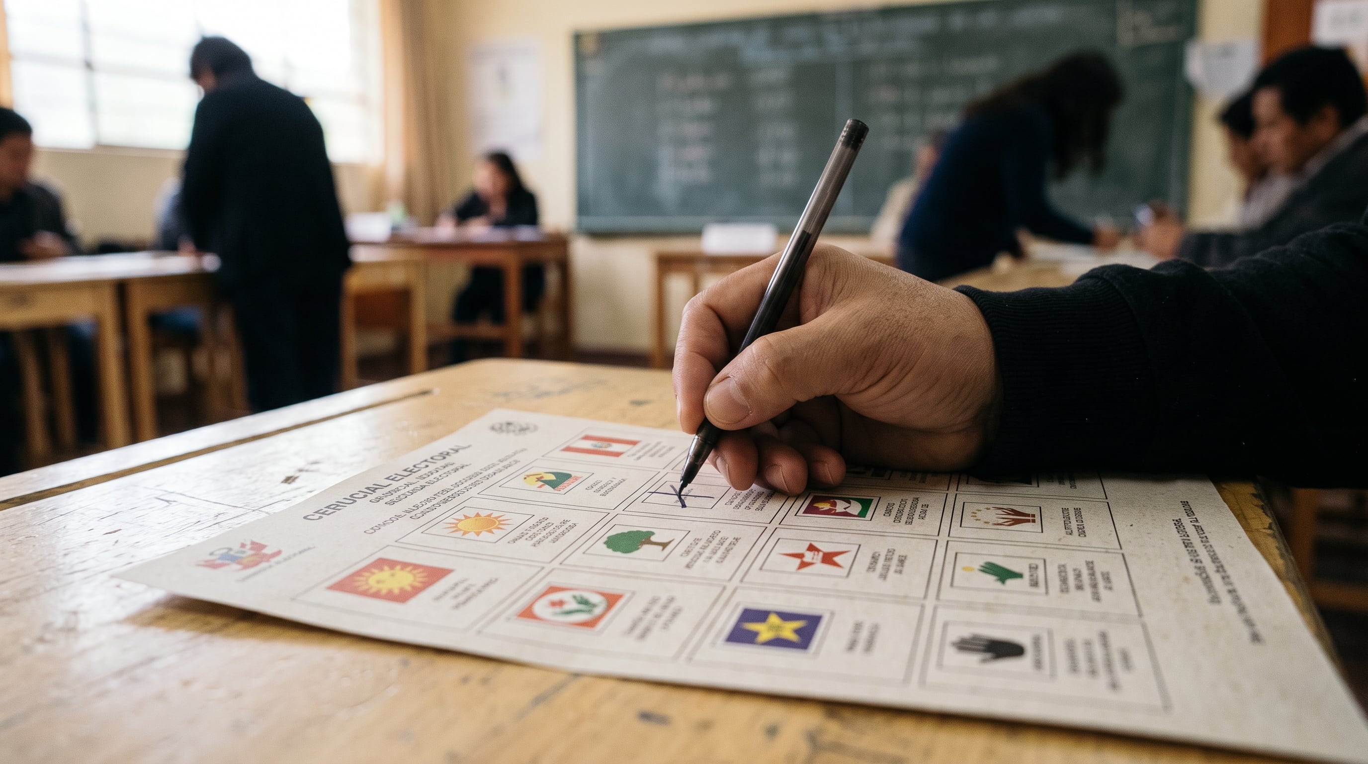 Un ciudadano marca con un bolígrafo la casilla de una cédula electoral sobre una mesa de madera dentro de un centro de votación en Perú. (Imagen Ilustrativa Infobae)