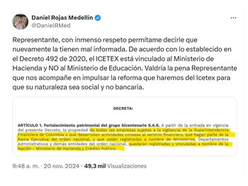 Con esta publicación, el ministro de Educación, Daniel Rojas Medellín, se defendió de las acusaciones en su contra de querer acabar con el Icetex - crédito @DanielRMed/X