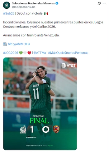 Cin un gol de Joaquín Moxica en el último suspiro del encuentro, México se lleva la primera victoria en su camino hacia el oro en Santo Domingo, con la mira puesta en el siguiente reto ante República Domincana y Guatemala. (X/ @miseleccionsubs)