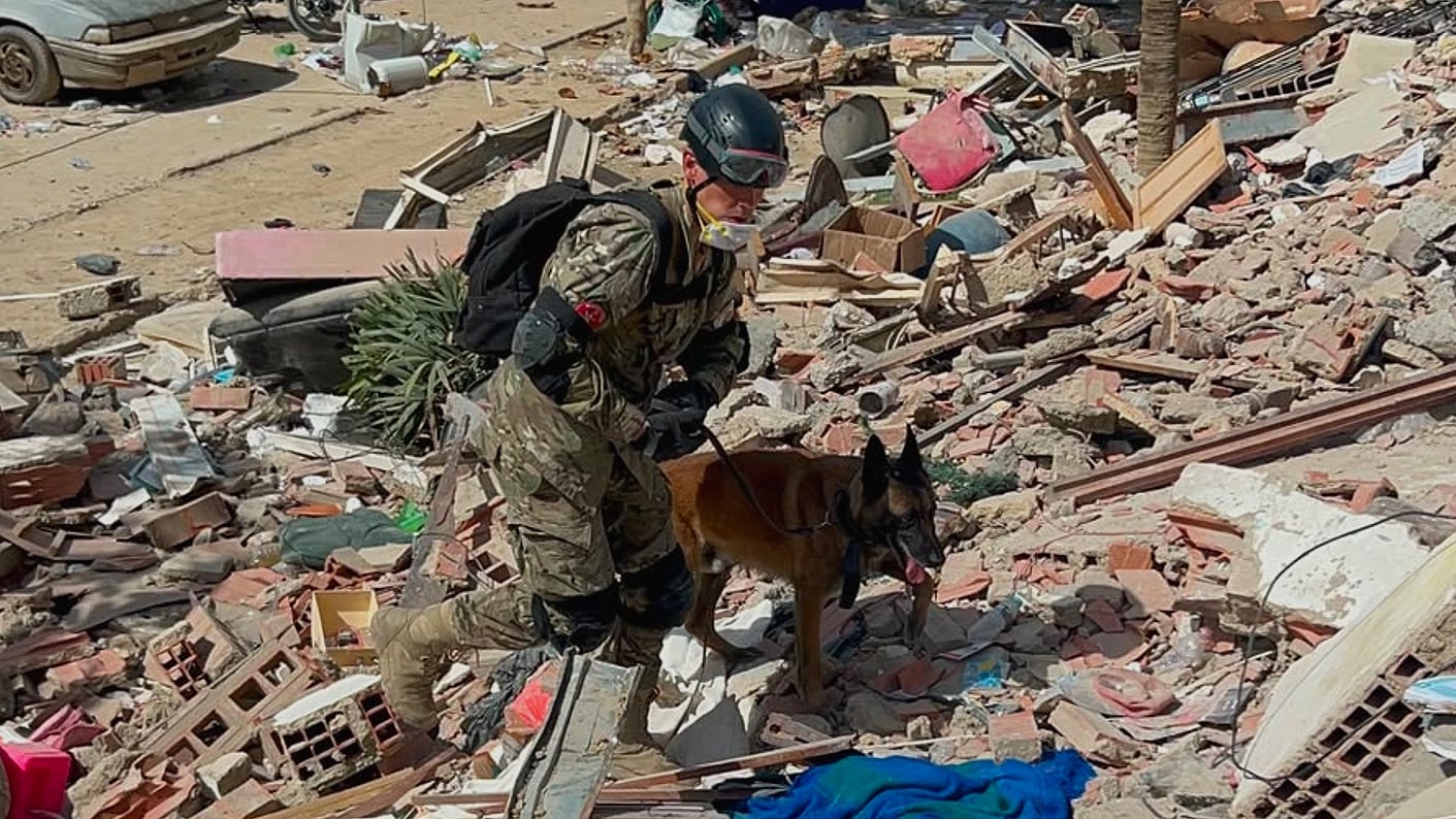 Un militar argentino y su perro de rescate rastrean una zona devastada por escombros en Venezuela. (Ministerio de Defensa)