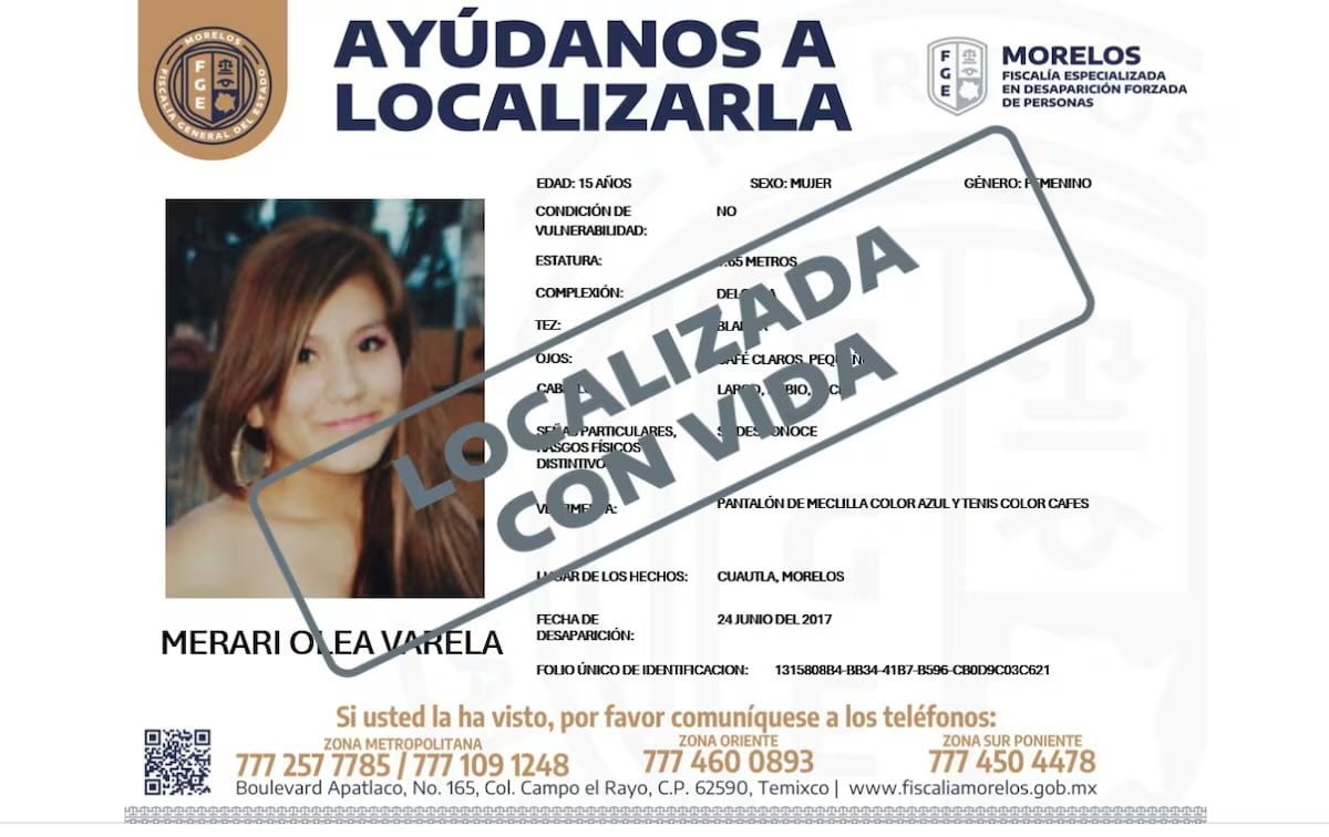 Ficha de búsqueda oficial de Merari Olea Varela, quien desapareció el 24 de junio de 2017 a la edad de 15 años en el municipio de Cuautla. (X @fatimavazquezdg)