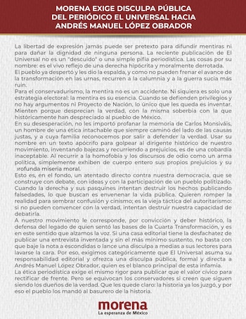 La cúpula partidista solicita un pronunciamiento formal y directo dirigido al expresidente, después de que el diario admite que no logra acreditar la autenticidad de una conversación atribuida a Carlos Monsiváis con críticas al tabasqueño-
