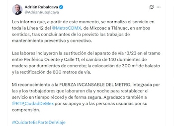 Reanudan servicio en toda la Línea 12 del Metro CDMX (X/ @AdrianRubalcava)