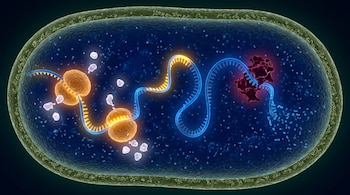 Bacteria en corte transversal con membrana verde, citoplasma azul oscuro, cinta de ARN azul y dorada, ribosomas ocres y estructura proteica roja.