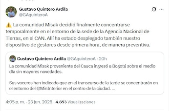 Los voceros Misak señalaron que no tienen definida su permanencia en Bogotá y que no regresarán a sus territorios sin respuestas - crédito @GAquinteroA/X