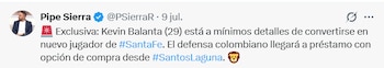 El anuncio del posible traspaso de Kevin Balanta a Independiente Santa Fe - crédito @psierrar/X