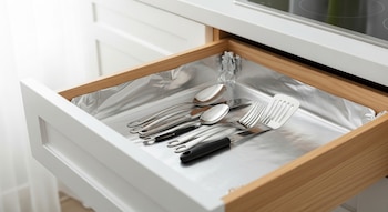Un cajón de cocina de madera abierto, forrado con papel aluminio sin arrugas, contiene cucharas, tenedores y espátulas de metal organizadas en una cocina luminosa.