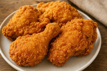 Cuatro piezas de pollo frito de color dorado sobre un plato redondo de cerámica clara sobre una superficie de madera.