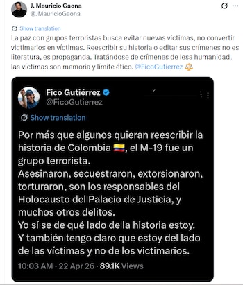 En su pronunciamiento, Gaona advirtió sobre la reinterpretación de hechos relacionados con el conflicto armado - crédito @JMauricioGaona/X