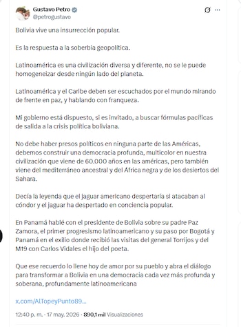 El presidente Gustavo Petro aseguró que Bolivia vive una insurrección popular, refiriéndose a protestas que se han presentado contra el Gobierno de Rodrigo Paz Pereira - crédito @petrogustavo/X