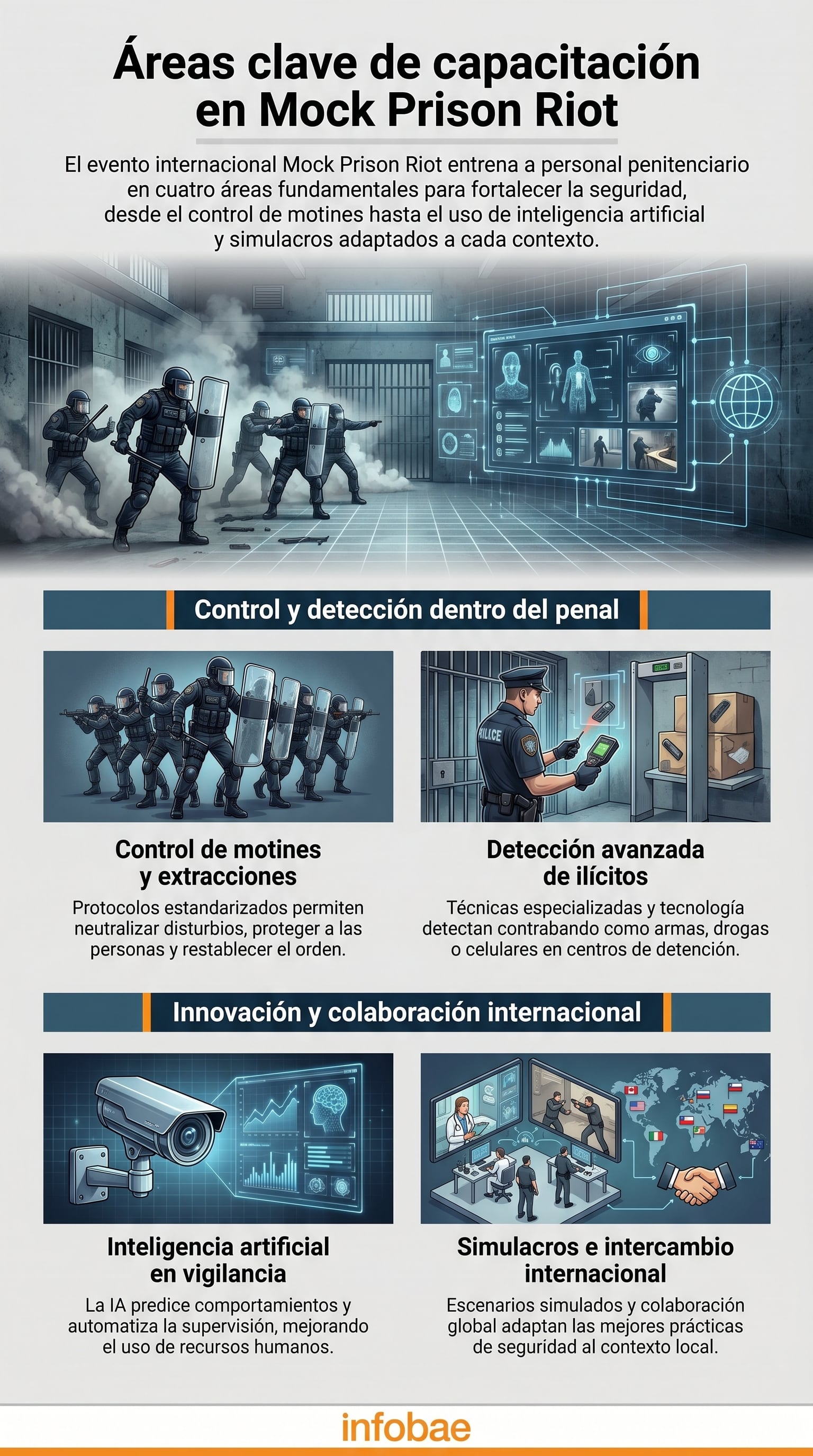 La infografía de Infobae presenta las cuatro áreas de capacitación en seguridad penitenciaria del evento Mock Prison Riot: control de motines, detección de ilícitos, inteligencia artificial y simulacros internacionales. (Imagen Ilustrativa Infobae)