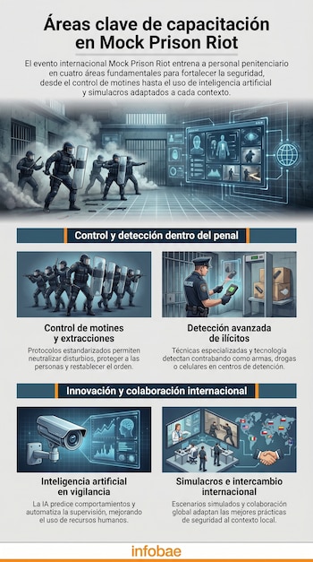 Infografía de Mock Prison Riot. Contiene texto y cuatro imágenes: control de motines, detección de ilícitos, vigilancia IA, y simulacros internacionales.
