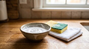 Un tazón pequeño con una pasta blanca junto a una esponja verde y amarilla sobre un paño de microfibra en una encimera de madera.