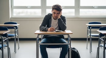 Un adolescente escribe en un cuaderno abierto con un bolígrafo, sentado en un pupitre dentro de un aula con sillas, ventanas y una mochila en el suelo.