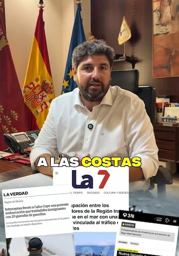 05/09/2026 Vídeo difundido por el presidente regional, Fernando López Miras, a través de sus redes sociales..
El presidente del Gobierno de la Región de Murcia, Fernando López Miras califica de "muy grave" que Pedro Sánchez haya reconocido en el Congreso de los Diputados la existencia de informes policiales que advertían de la llegada masiva de inmigrantes a la Península, y, por tanto, a la Región de Murcia, como está sucediendo este verano, sin que se haya hecho nada para impedirlo.
ESPAÑA EUROPA MURCIA POLÍTICA
CARM