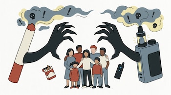 Ilustración plana de jóvenes y niños entre un cigarrillo y un vapeador gigantes, con manos oscuras emergiendo y humo gris con calaveras y signos de advertencia.