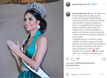 Con un emotivo mensaje, Ponce se despidió de su participación como Nuestra Belleza México Internacional 2016 (Foto: captura de pantalla / Twitter@geraldineponcem)