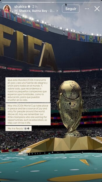 La colombiana envió un mensaje de fraternidad a los amantes del fútbol, y reafirmó su compromiso con la niñez, a tono con la campaña alrededor de "Dai Dai" - crédito @shakira/Instagram