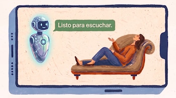 Ilustración de una pantalla de smartphone que muestra un robot, una mujer en un sofá y un bocadillo de texto con 'Listo para escuchar'.