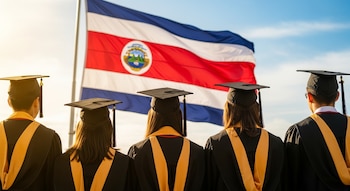 Cinco jóvenes graduados de espaldas, con togas negras, birretes y estolas amarillas, observan una gran bandera de Costa Rica ondeando al fondo bajo un cielo despejado.