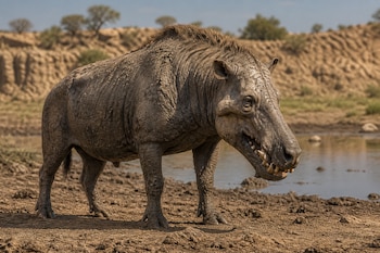 Un animal grande cubierto de barro con colmillos visibles se encuentra de pie en la orilla de un charco rodeado de colinas de tierra.