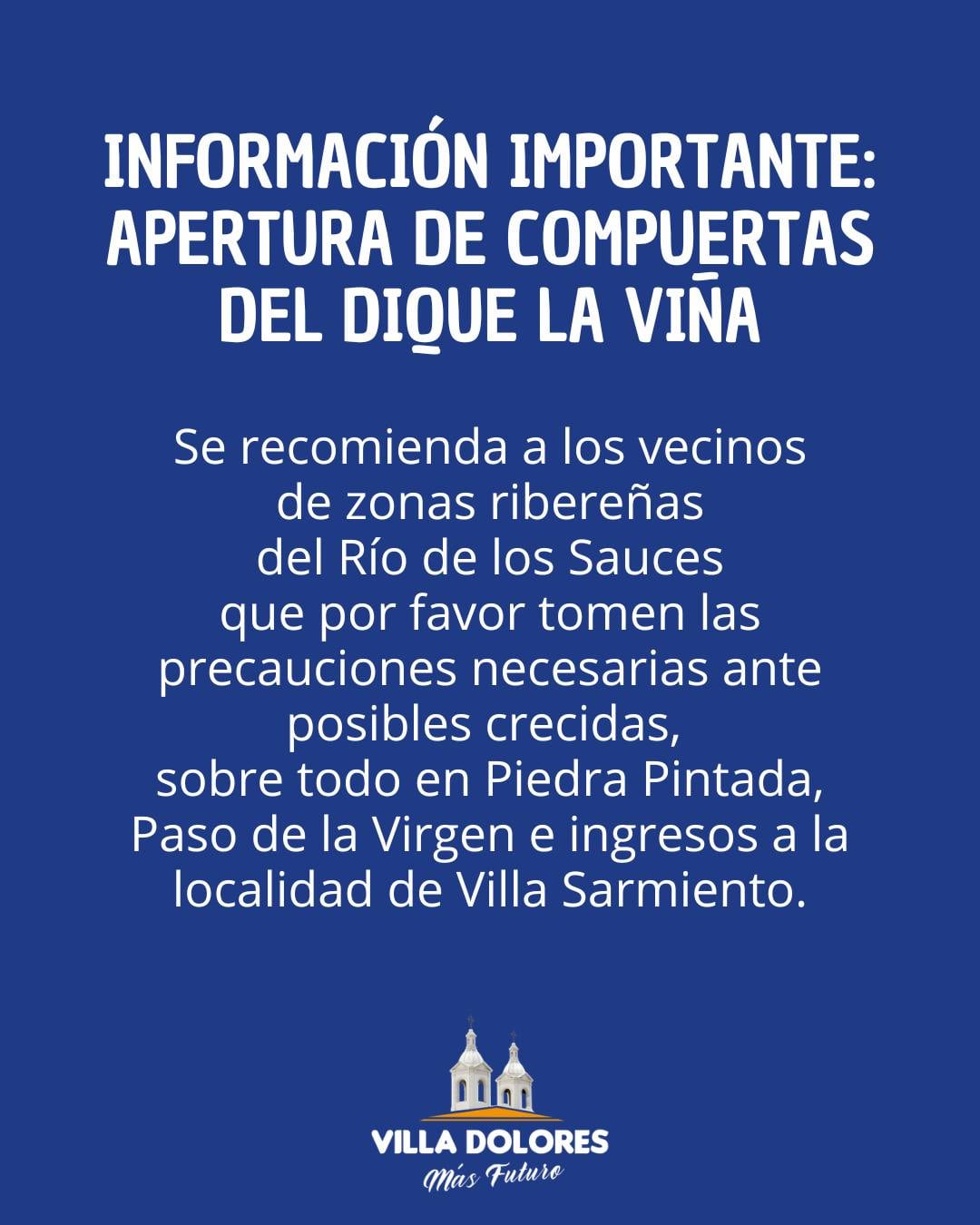 El anticipo de la apertura del dique La Viña (Facebook Municipalidad de Villa Dolores)