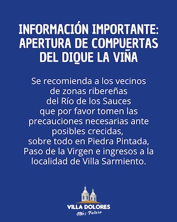 El anticipo de la apertura del dique La Viña (Facebook Municipalidad de Villa Dolores)