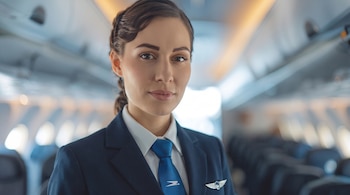 Mujer con uniforme azul marino de tripulante de cabina, camisa blanca, corbata azul y pin de ala, de pie en un pasillo de avión.