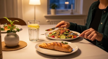 Primer plano de una persona sentada a una mesa comiendo salmón a la parrilla y una ensalada de quinua con cuchillo y tenedor, con un vaso de agua con limón.