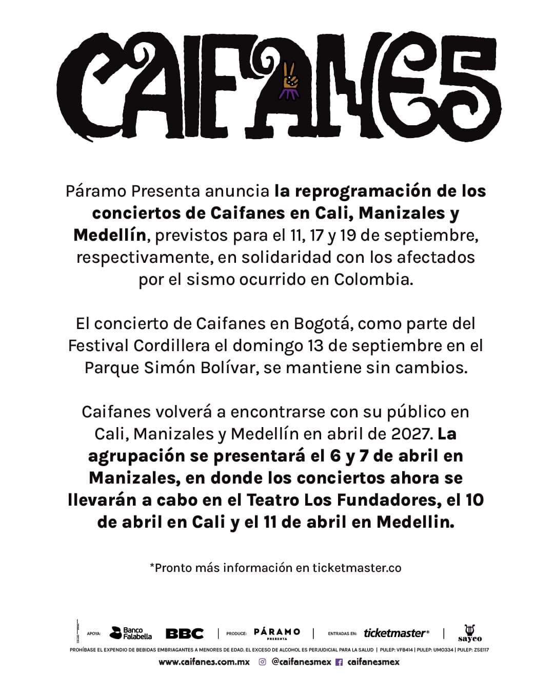 Las fechas de Caifanes en Colombia pasaron de septiembre a abril de 2027 por solidaridad con los afectados por el terremoto del 10 de agosto - crédito Páramo Presenta