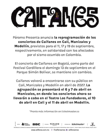 Las fechas de Caifanes en Colombia pasaron de septiembre a abril de 2027 por solidaridad con los afectados por el terremoto del 10 de agosto - crédito Páramo Presenta
