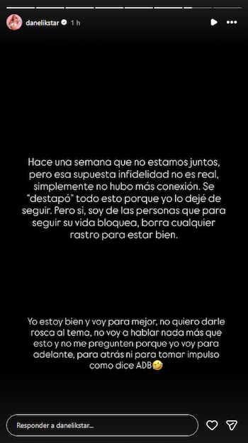 Captura de pantalla de una publicación de Instagram con texto en blanco sobre fondo negro de la cuenta de danelikstar