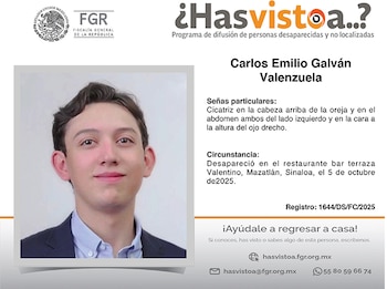 Carlos Emilio desapareció el pasado 5 de octubre de 2025. Crédito: FGR