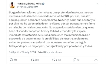 La vicepresidenta ya había dicho que denunciaría al senador Jota Pe Hernández por calumnia - crédito @FranciaMarquezM/X