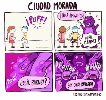 Caricatura de cuatro paneles donde Barney el dinosaurio se transforma en una figura morada monstruosa y dos ajolotes, con el texto 'Soy Clara Brugada'