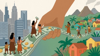 Ilustración de una mano gigante creando un puente de dinero entre una ciudad (EE.UU.) y un pueblo con volcanes (Centroamérica), con personas recibiendo remesas.