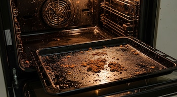 Interior de un horno de cocina con ventilador, paredes y base sucias. Una bandeja negra con restos de comida quemada se extrae del horno.