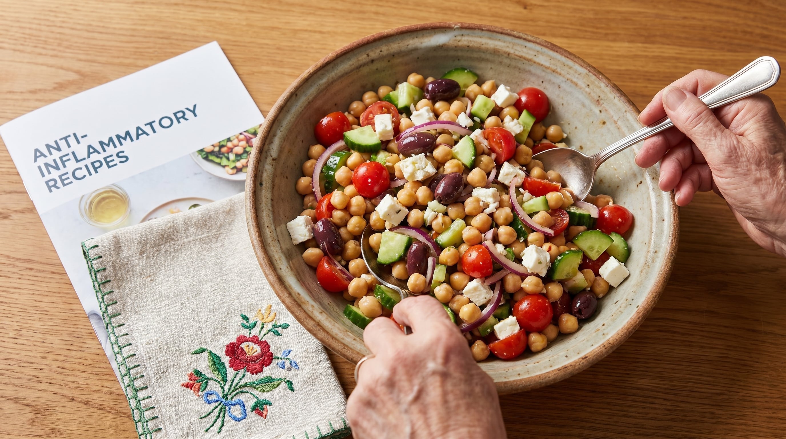 Una ensalada de garbanzos mediterránea, rica en ingredientes frescos, es una opción deliciosa y saludable para mujeres con artritis que buscan recetas antiinflamatorias. (Imagen Ilustrativa Infobae)